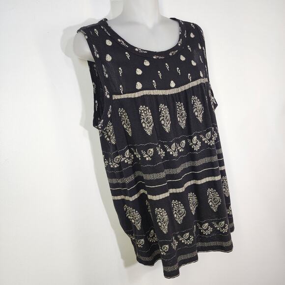 Lucky Brand Womens Embroidery Print Tank Top Large Black Linen Blend Boho Hippie - Picture 4 of 10